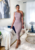 Light Mocha Ruched One Shoulder Midi Dress