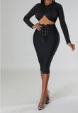 Lace Up Front Bandage High Waisted Midi Skirt