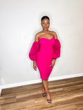 Ruched Off Shoulder Sheer Organza Sleeve Midi Dress