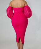 Ruched Off Shoulder Sheer Organza Sleeve Midi Dress