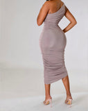 Light Mocha Ruched One Shoulder Midi Dress
