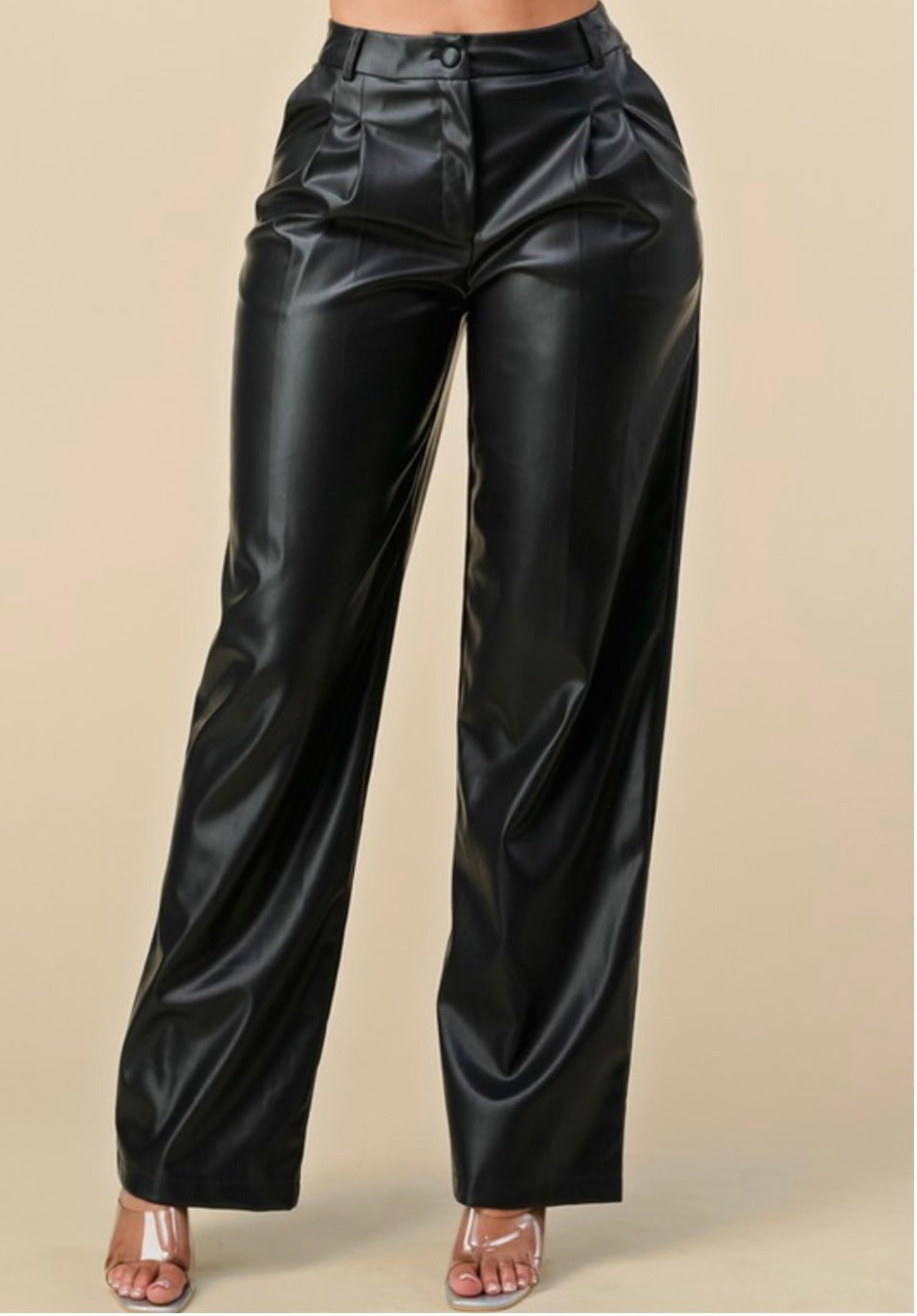 High Waisted Pleated Faux Leather Pants – Glamconic