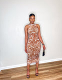 Marble Print Mesh High Neck Midi Dress