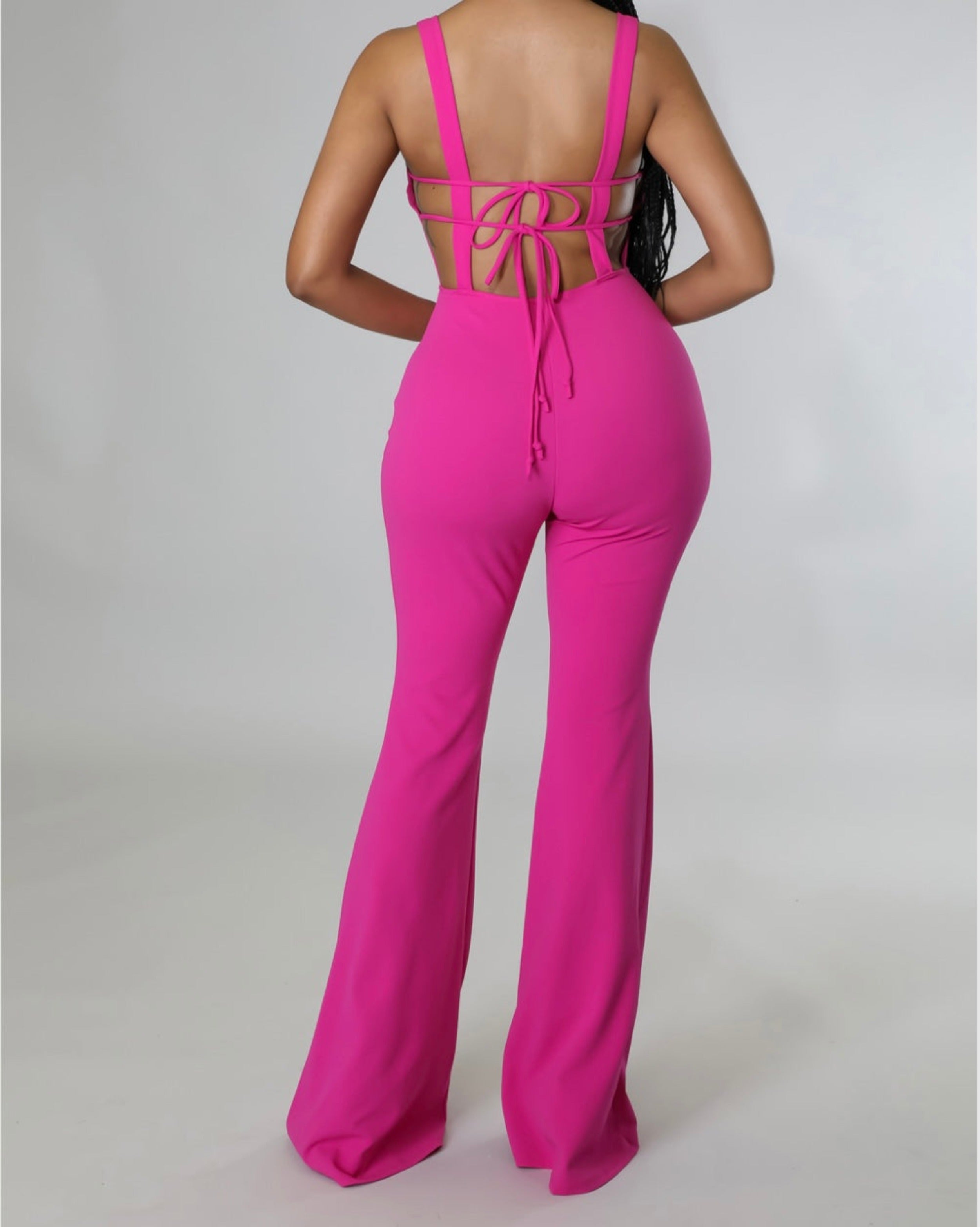 Hot Pink Backless Flared Jumpsuit – Glamconic