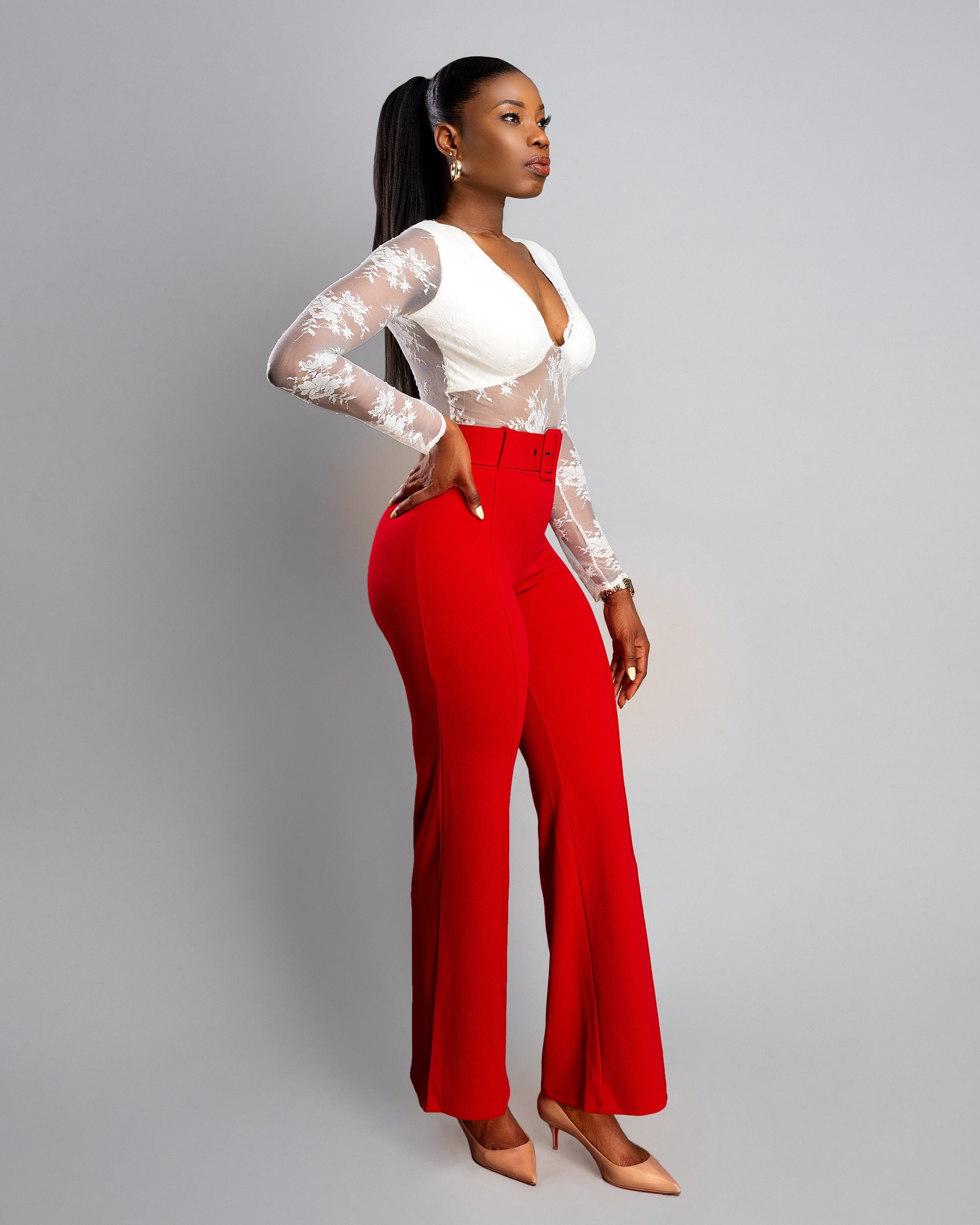 Buckle Belt High Waisted Pants - S / Red